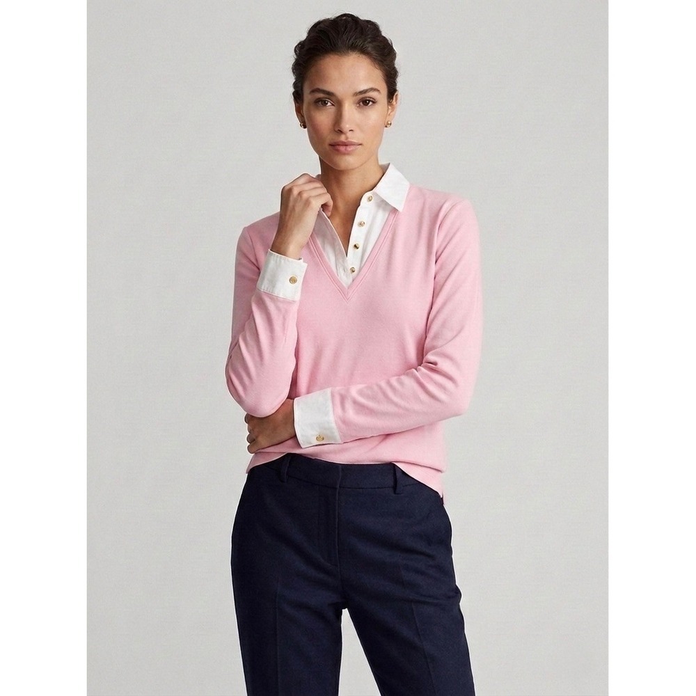 Lauren Ralph Lauren Pink Layered Look V-Neck Top White Collar Cuffs 2X Cotton